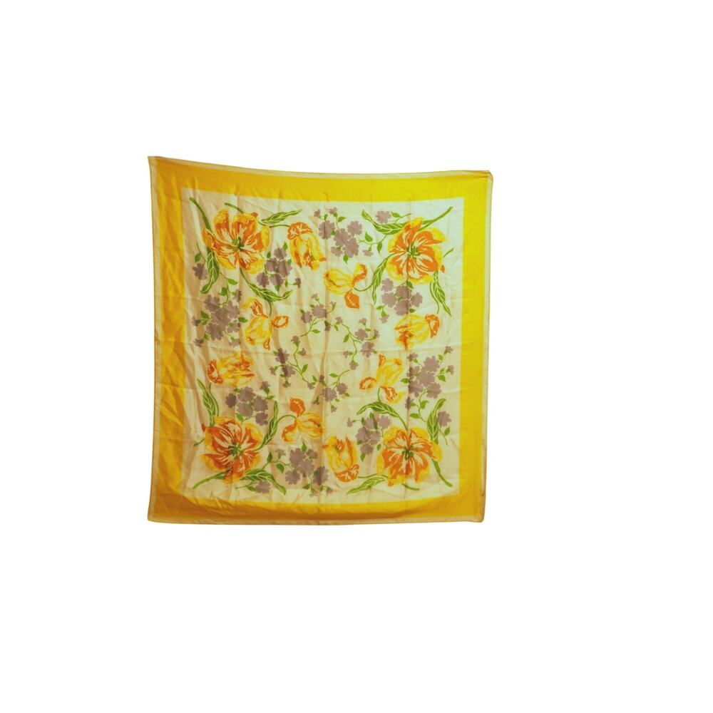 Vintage Yellow Floral Scarf Silky Square Orange Purple Flowers Retro 32x32
